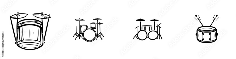Poster black icons representing various types of drums arranged in a sequence highlighting their shapes and