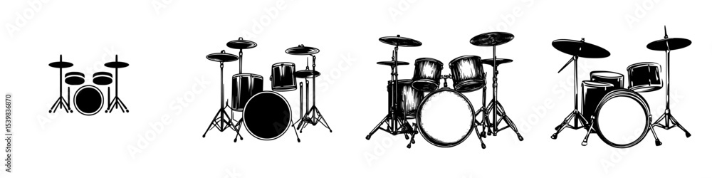 Poster various sizes of black drum sets arranged in different configurations showcasing musical instruments