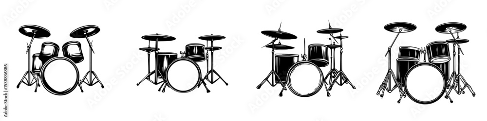 Poster different views of black drum sets arranged in a row showcasing various configurations and sizes for