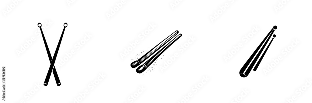 Poster black icon set featuring various drumsticks with distinct designs for music-related projects