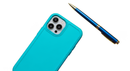 Teal smartphone and blue metal pen