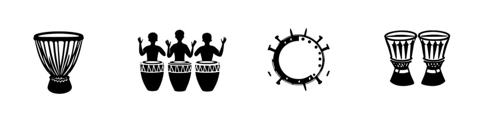 Set of black musical icons representing various percussion instruments and musicians in an artistic design for use in events or educational materials