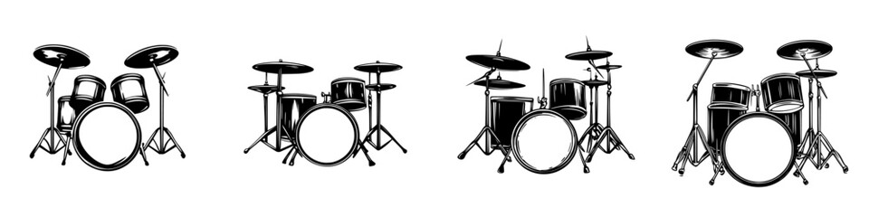 Different views of black drum sets arranged in a row showcasing various configurations and sizes for musicians and music enthusiasts