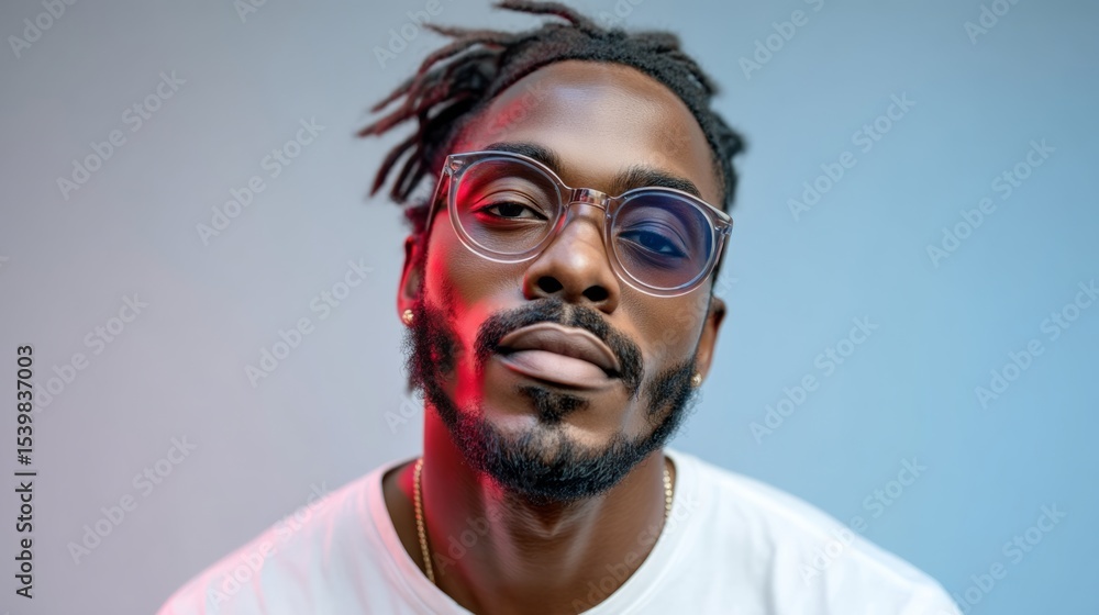 Poster man with a beard and glasses is smiling for the camera. the image has a bright and cheerful mood, wi