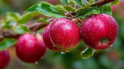 Red Apples on a Branch with Green Leaves
