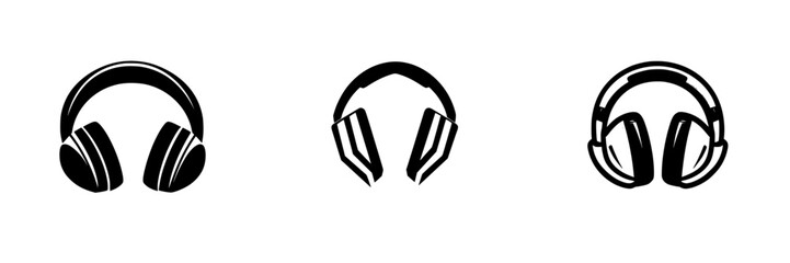 Obraz premium Black icon set featuring three distinct styles of headphones suitable for diverse design applications