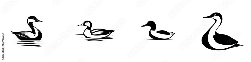 Poster set of black icons depicting ducks in various poses and orientations, suitable for use in design pro