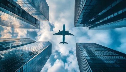 Airplane flying over glass skyscrapers of financial district - Abstract cityscape background