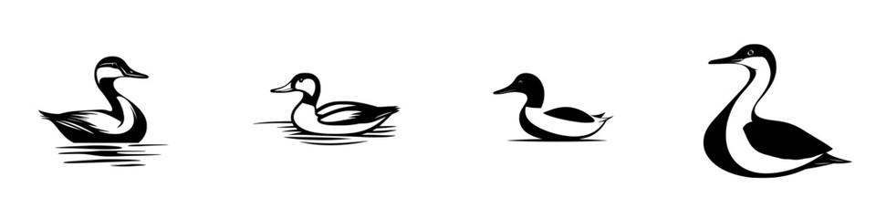 Obraz premium Set of black icons depicting ducks in various poses and orientations, suitable for use in design projects or illustrations