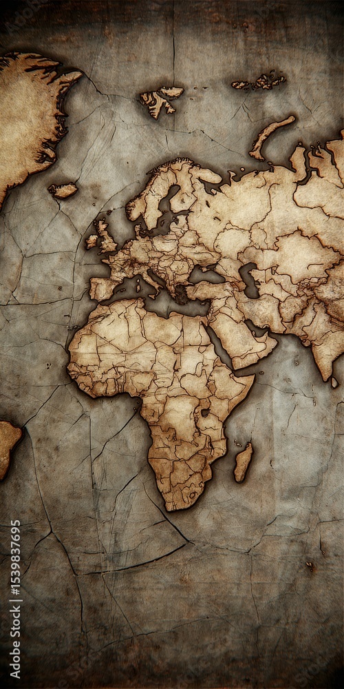 Poster intricate map of grungy earth showing continental boundaries on weathered parchment background