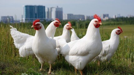 Fototapeta premium A lively flock of white hens pecks in a sunny meadow, their cheerful movements set against distant buildings