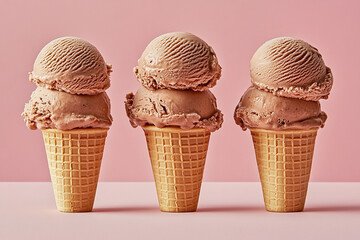 Three waffle cones with chocolate ice cream scoops stand on a pink background. Generated by artificial intelligence