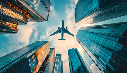 Airplane flying over glass skyscrapers of financial district - Abstract cityscape background