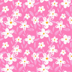 Seamless vector pattern with white hand drawn flowers and pink leaves on a vibrant pink background. Crayon texture gives a playful and cheerful feel. Template for kids design, fabric,stationery