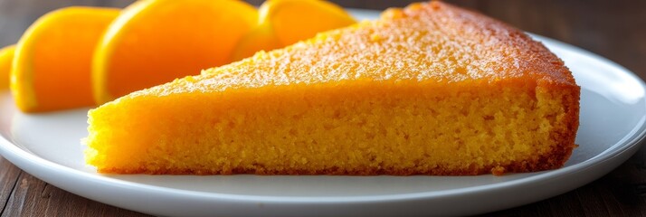 Delicious orange olive oil cake slice with orange garnish on a white plate, delightful treat.