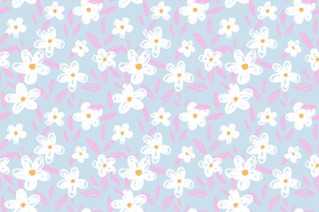 Seamless vector floral pattern with hand drawn white flowers and soft pink leaves on a patel blue background. Playful and artistic design for fabric, packaging, and stationery