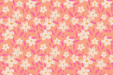 Seamless vector floral pattern with hand drawn flowers and leaves on a orange background. Playful and artistic design for fabric, packaging, and stationery