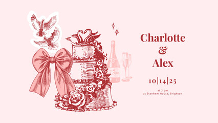 Hand drawn wedding banner. Coquette invitation, greeting card, bridal decor. Vintage sketch vector illustration.