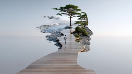 Man is walking on a wooden bridge over a body of water. The bridge is long and narrow, and the water is calm and serene. The man is enjoying the peaceful surroundings as he walks along the bridge