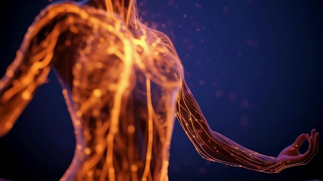 Medical visualization of a woman meditating, with glowing nervous system and parasympathetic response, demonstrating the calming effect of meditation on the body