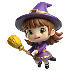 3d cute cartoon witch flying on a broomstick