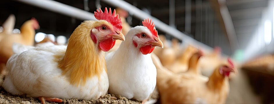Chickens roam freely in the barn, surrounded by straw and stacked egg cartons, capturing a lively farm atmosphere with vivid detail - Powered by Adobe