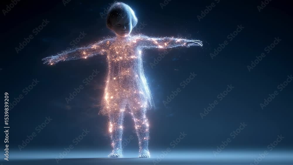 Poster luminescent energy particles flowing around young body, highlighting medical science visualization o