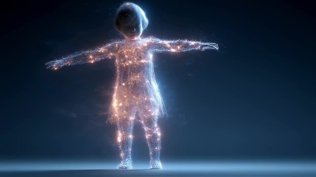 Luminescent energy particles flowing around young body, highlighting medical science visualization of child balancing dynamically with outstretched limbs on single leg against dark backdrop
