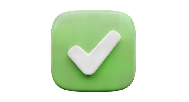 3D green square icon with white check mark – confirmation or success symbol in UI
