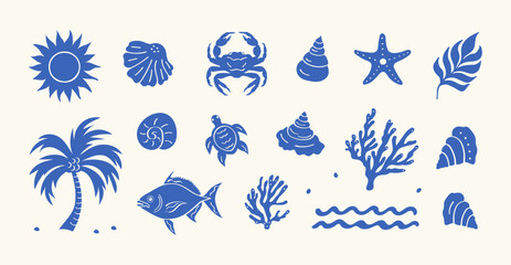 Minimalist hand-drawn vector set inspired by Italian coastal summers. Abstract blue silhouettes of palm tree, lemon, sun, sea, fish, and seashells—perfect for travel themes and Mediterranean vibes. © Bochana