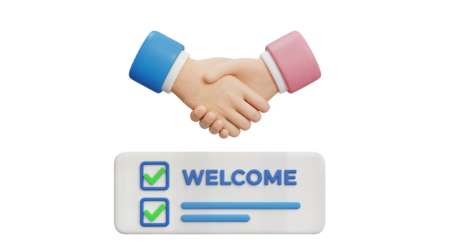 3D handshake and welcome checklist icon for business agreement or onboarding concept – PNG transparency icon