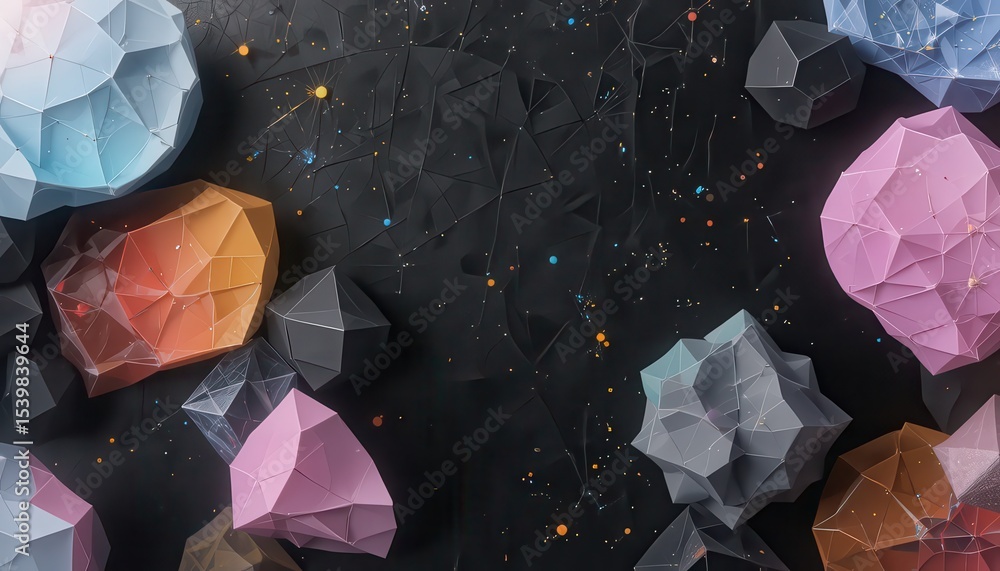 Poster geometric shapes in various colors scattered on a textured black background with colorful specks