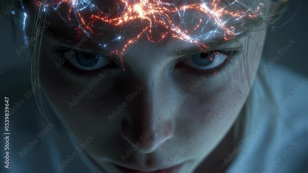 Poster neurological visualization highlighting sensory signal disruption during psychosis, with glowing lin