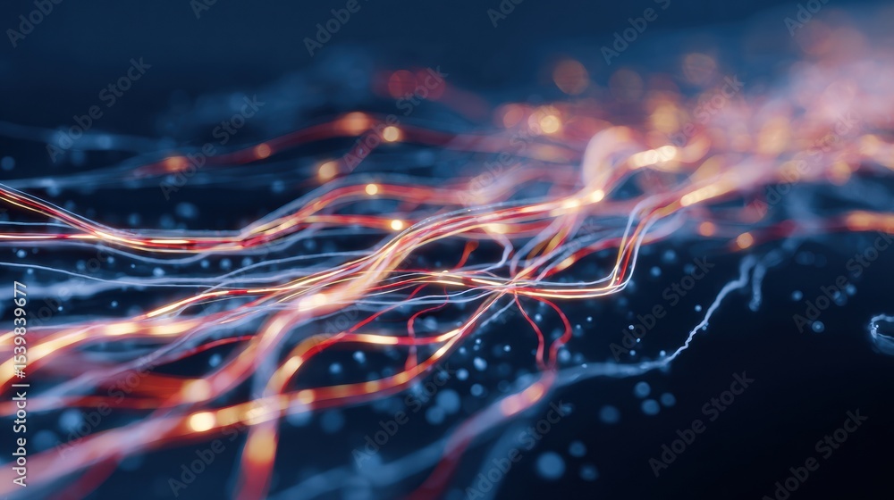 Poster neural pathways depicted as vibrant light trails against a dark blue background showcasing connectio