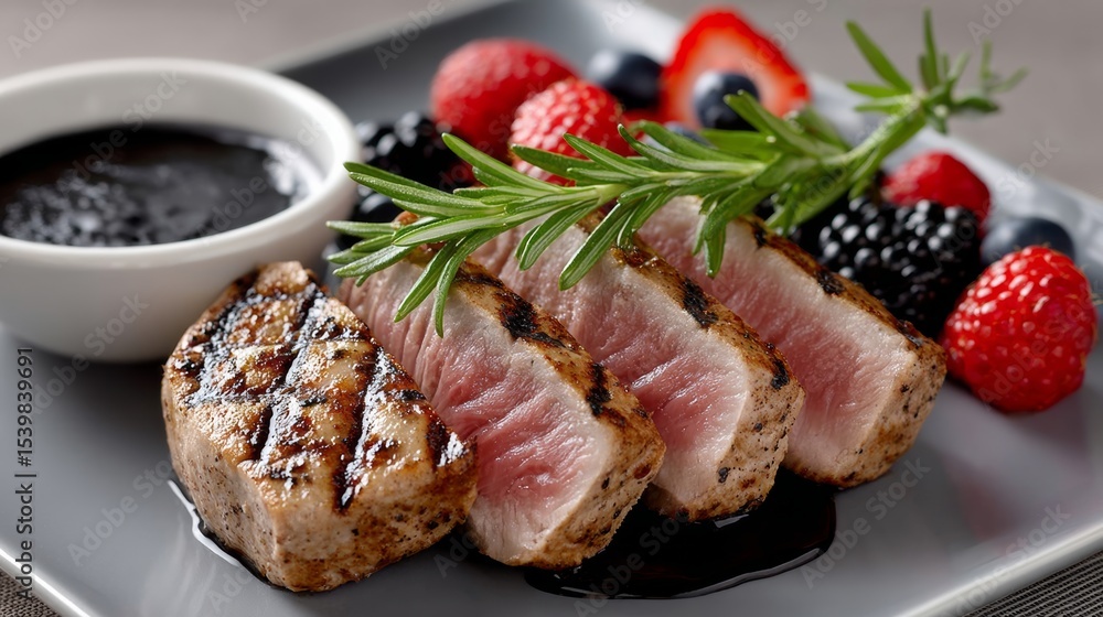 Poster plate of meat with berries and sauce. the meat is grilled and has a black sauce on it. the berries a