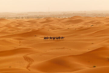 Tourists are seen riding camels across sand dunes in to the Erg Chebbi dune sea located in Morocco on the western edge of the Sahara Desert