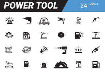 Power Tool Icons: A comprehensive set of 24 power tool icons, including drills, saws, and other equipment, perfect for construction, DIY, and industrial projects.  