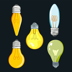 Collection of multi-colored electric bulbs. Vector illustration for creative projects.