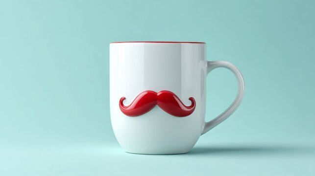 Mug with a mustache on it. The mustache is red and white. The mug is sitting on a blue background