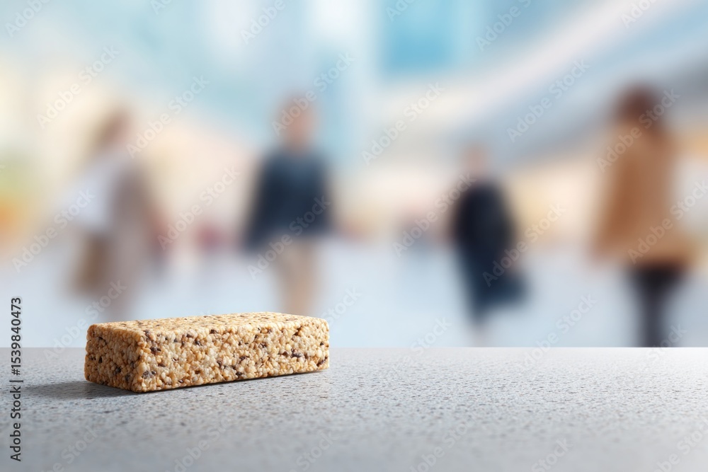 Poster minimalistic image of energy bar on clean surface with people in motion blurred in background creati