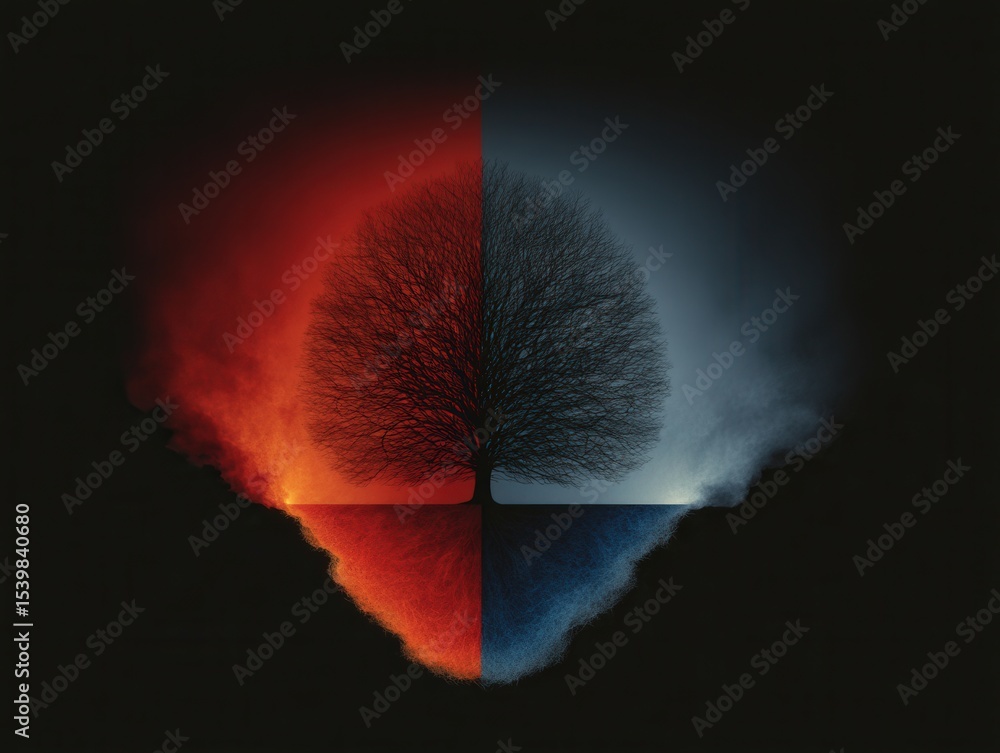 Aufkleber surreal depiction of a tree partitioned by contrasting elements of fire and ice showcasing the inter