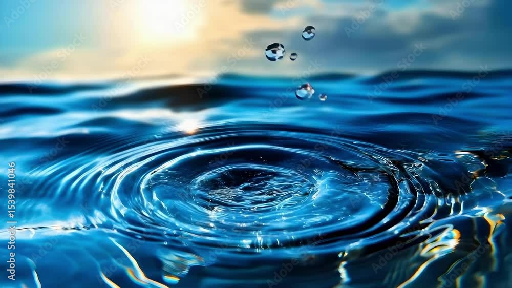 Poster a close-up of water ripples with a drop falling into a body of water, reflecting sunlight and creati