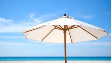 Relax under a vibrant beach umbrella on the sunny sand with a clear blue sky, overlooking the tropical ocean