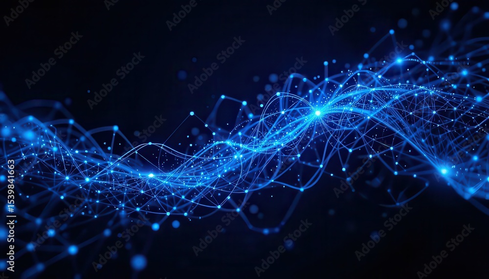 Poster abstract blue network of connected dots and lines on a dark background with light effects