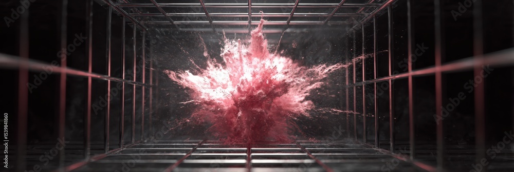 Poster red burst of energy escaping a symbolic cage in a dramatic display of power and freedom