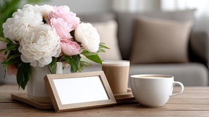 Relaxing living room featuring a grey sofa, white coffee table, and decorative touches in a Scandinavian design setting