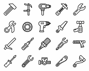 Handyman tools vector set hammer wrench screwdriver drill saw clamp and gear icons for construction and repair