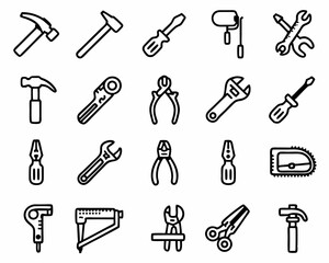 Handyman tools set vector: hammer, screwdriver, wrench, pliers, saw, staple gun, and more tools icons