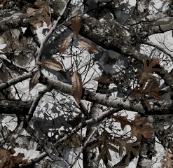 Realistic forest camouflage. Seamless pattern. Conifer tree, branches and leaves. Useable for hunting and military purposes.