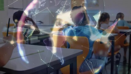 Education students writing, lines forming holographic globe while yellow-shirt boy raising pencil - Powered by Adobe